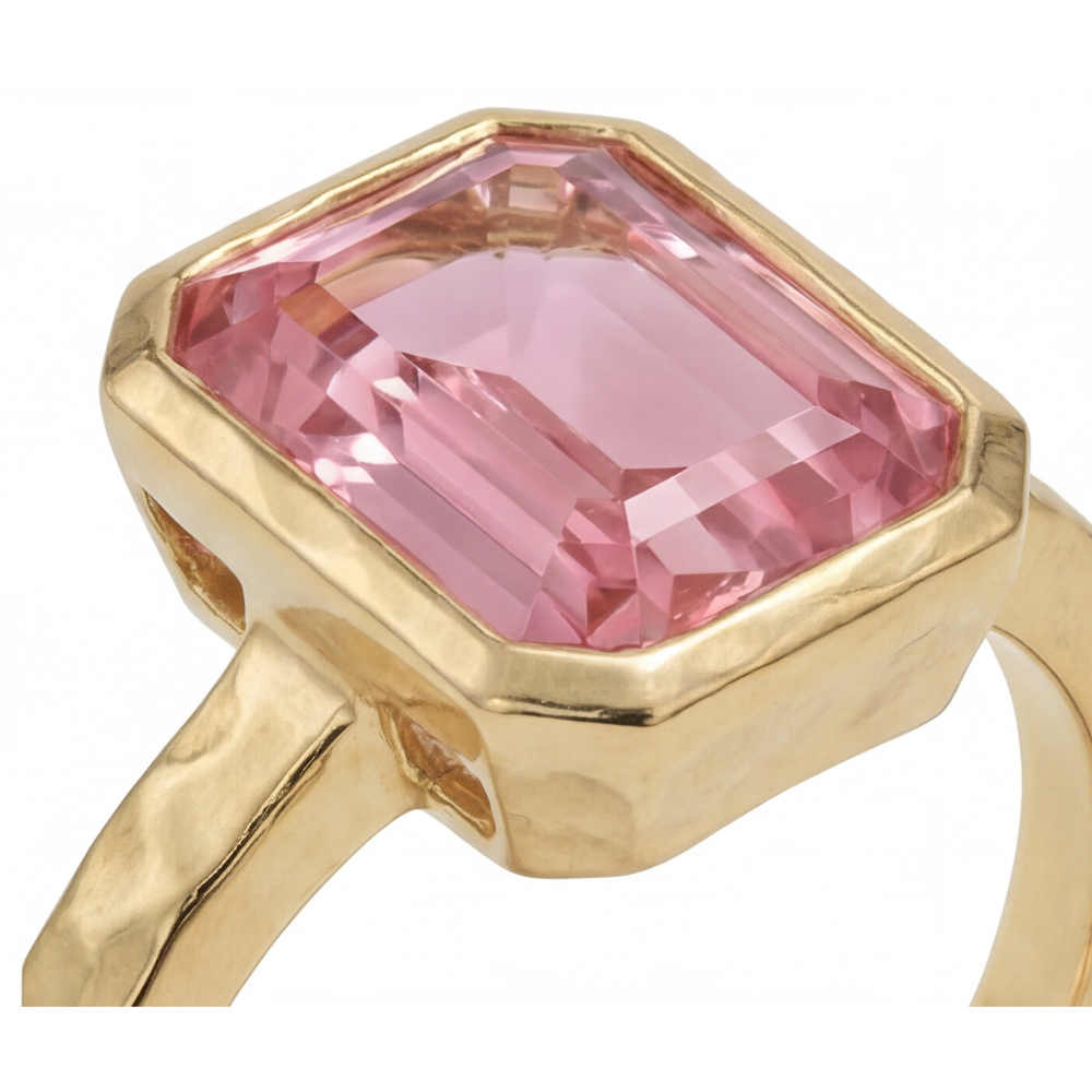 Emerald Padparadscha Bezel Solitaire Ring Natural 14K Yellow Gold