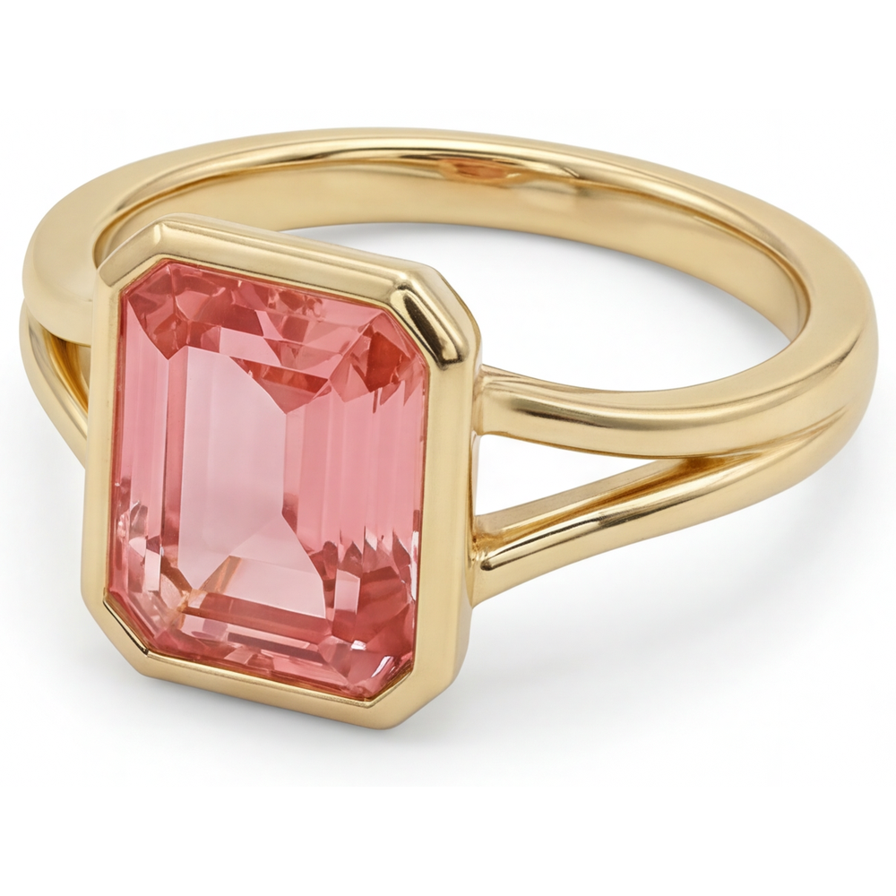 Emerald Padparadscha Bezel Solitaire Ring Natural 14K Yellow Gold