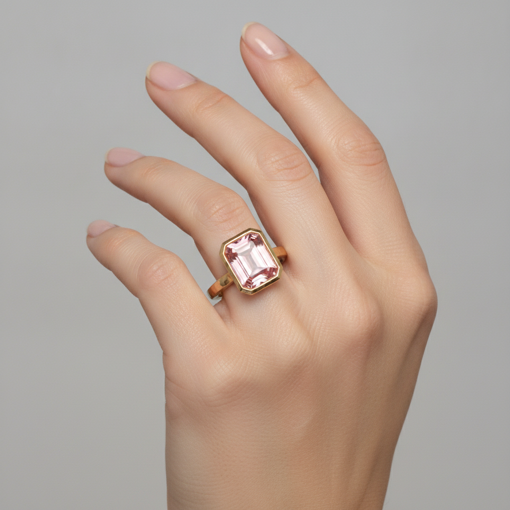 Emerald Padparadscha Bezel Solitaire Ring Natural 14K Yellow Gold