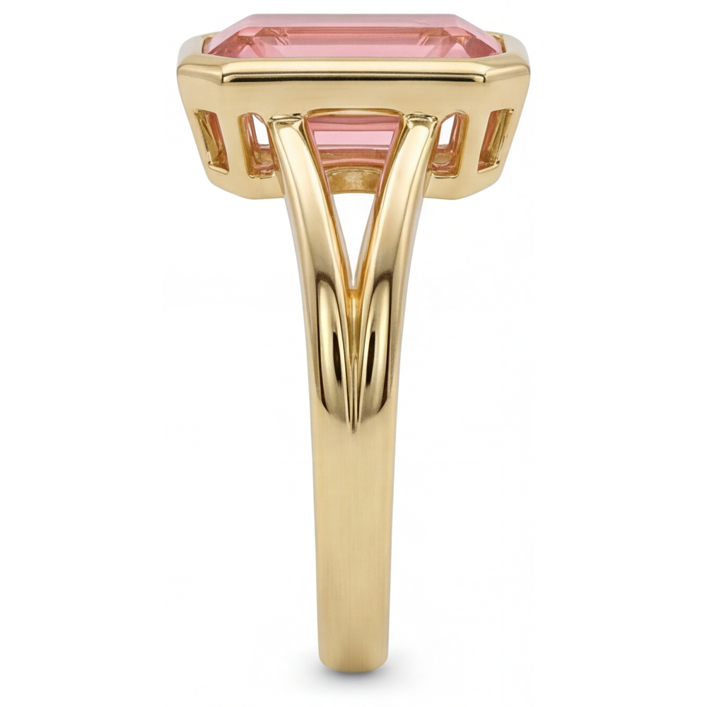 Emerald Padparadscha Bezel Solitaire Ring Natural 14K Yellow Gold