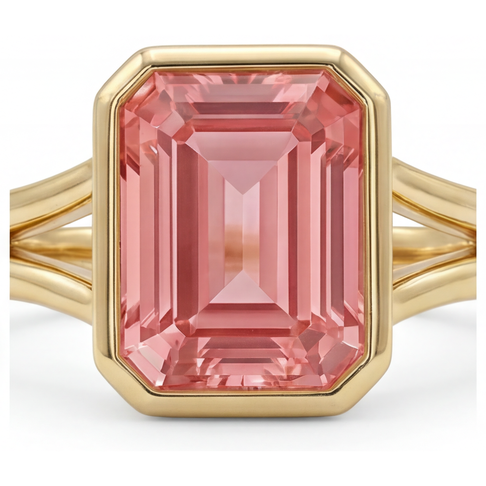 Emerald Padparadscha Bezel Solitaire Ring Natural 14K Yellow Gold