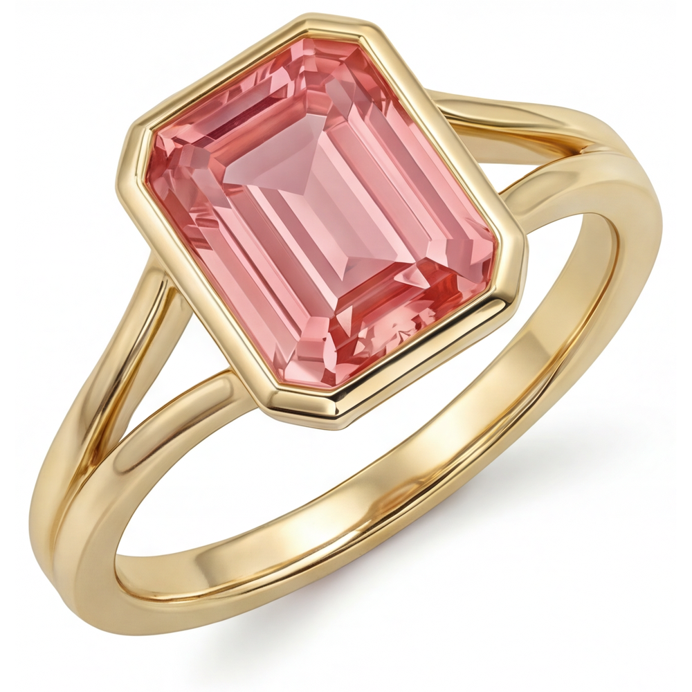 Emerald Padparadscha Bezel Solitaire Ring Natural 14K Yellow Gold
