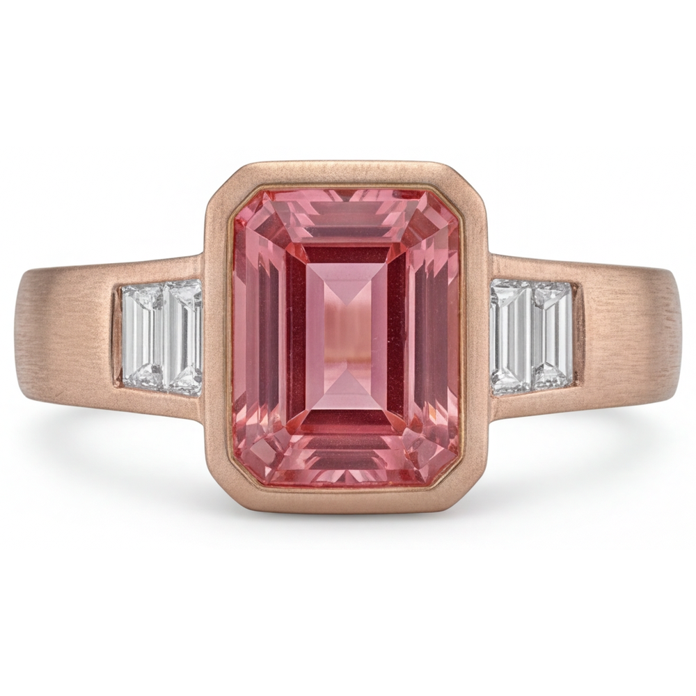 Emerald Padparadscha Bezel Three Stone Ring Natural 14K Rose Gold