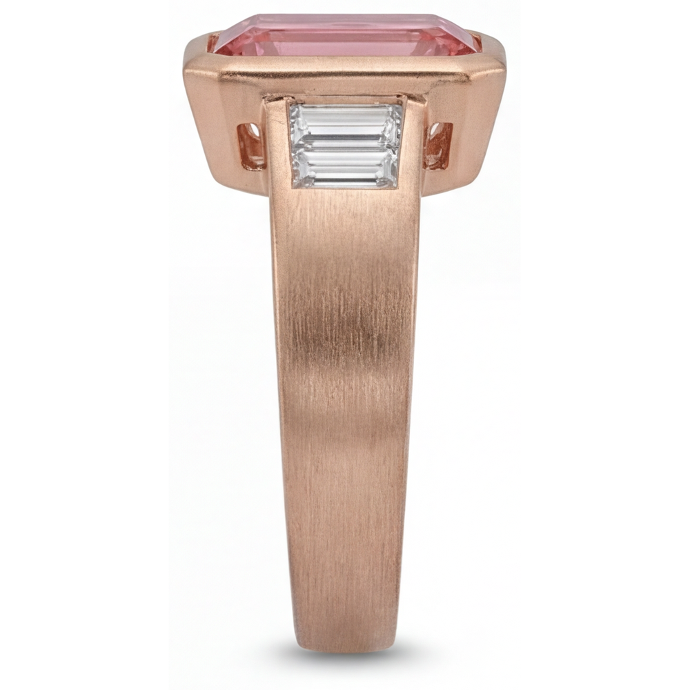 Emerald Padparadscha Bezel Three Stone Ring Natural 14K Rose Gold