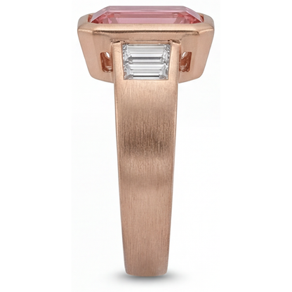 Emerald Padparadscha Bezel Three Stone Ring Natural 14K Rose Gold
