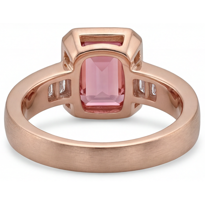 Emerald Padparadscha Bezel Three Stone Ring Natural 14K Rose Gold