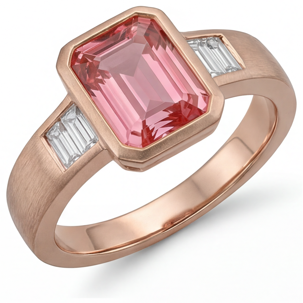 Emerald Padparadscha Bezel Three Stone Ring Natural 14K Rose Gold