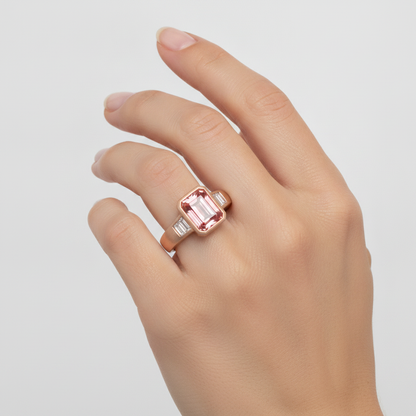 Emerald Padparadscha Bezel Three Stone Ring Natural 14K Rose Gold