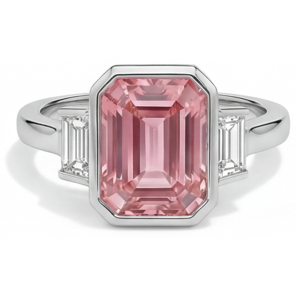 Emerald Padparadscha Bezel Three Stone Ring Natural 14K White Gold