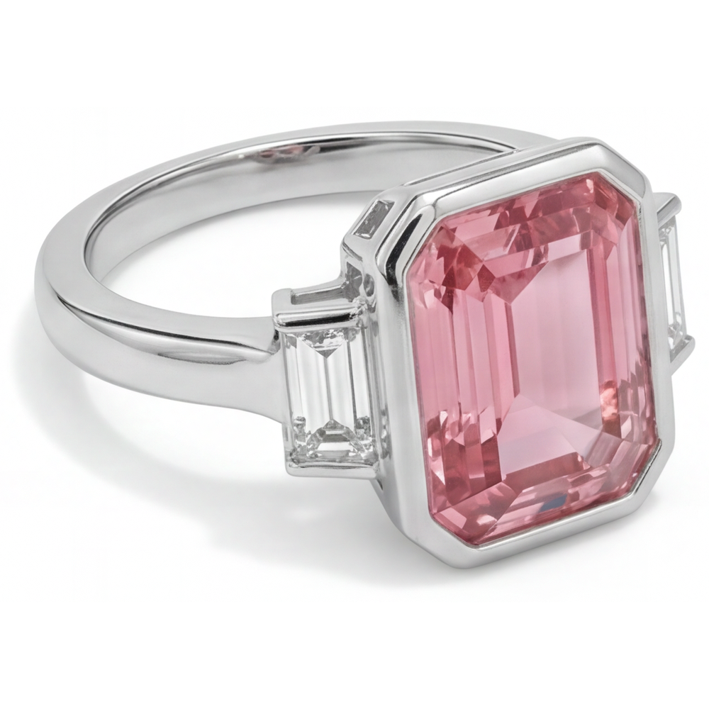 Emerald Padparadscha Bezel Three Stone Ring Natural 14K White Gold