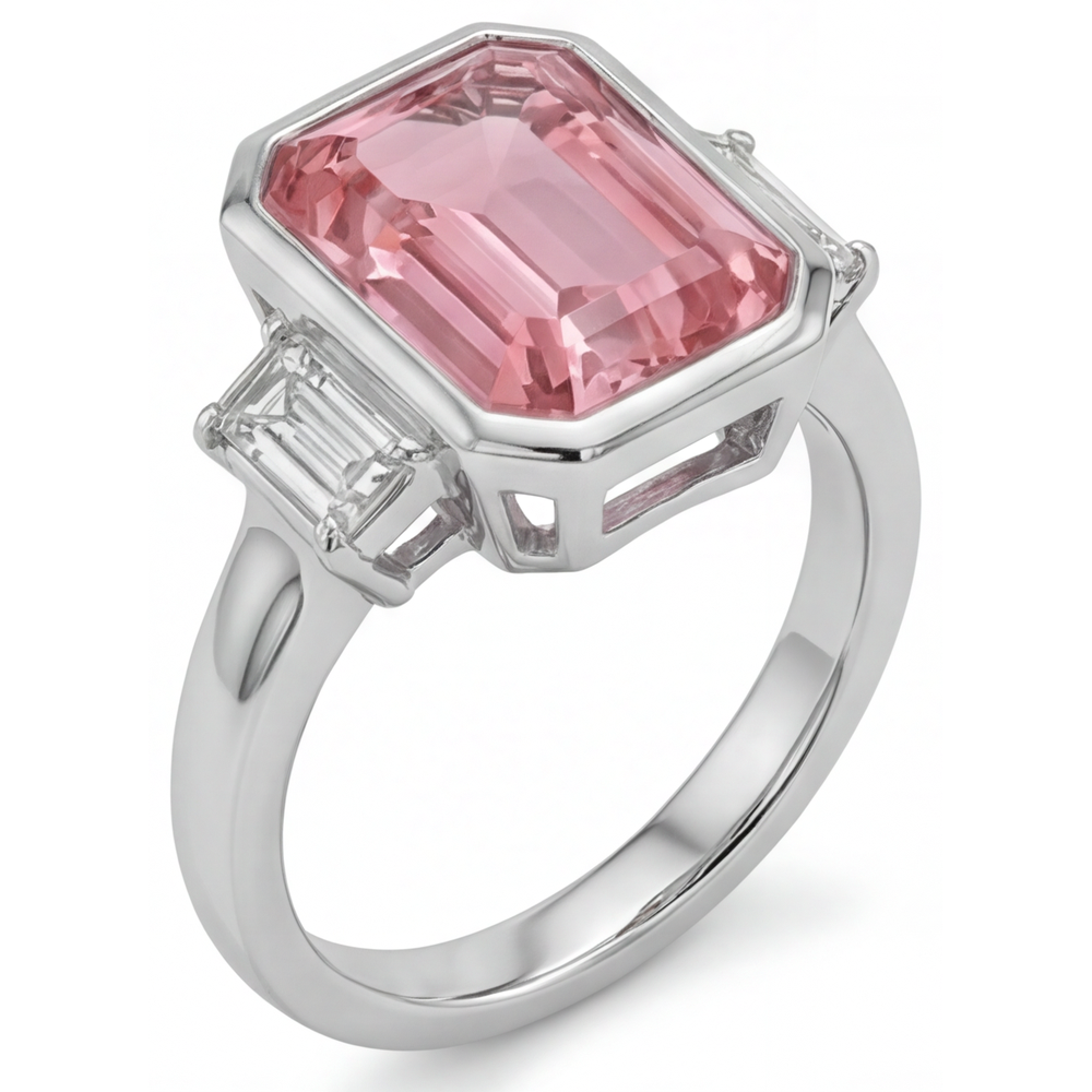 Emerald Padparadscha Bezel Three Stone Ring Natural 14K White Gold