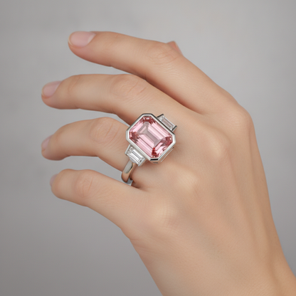 Emerald Padparadscha Bezel Three Stone Ring Natural 14K White Gold