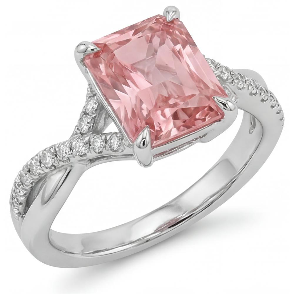 Emerald Padparadscha Bypass Ring Natural 14K White Gold
