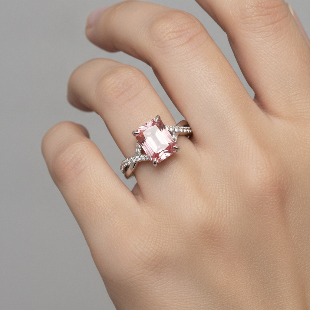 Emerald Padparadscha Bypass Ring Natural 14K White Gold