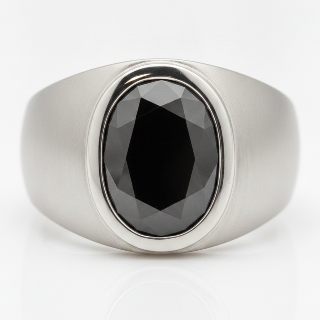 Fancy Black Oval Diamond Mens Bezel Ring Natural Platinum White Gold