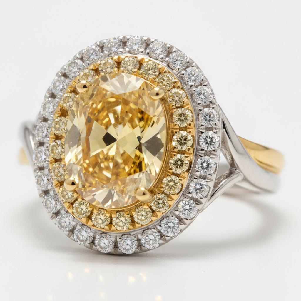 Fancy Intense Yellow Oval Double Halo Diamond Ring Natural 18K Gold