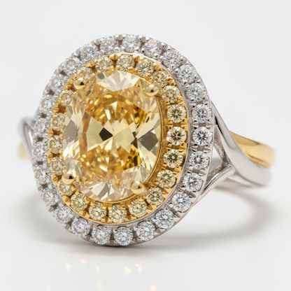 Fancy Intense Yellow Oval Double Halo Diamond Ring Natural 18K Gold