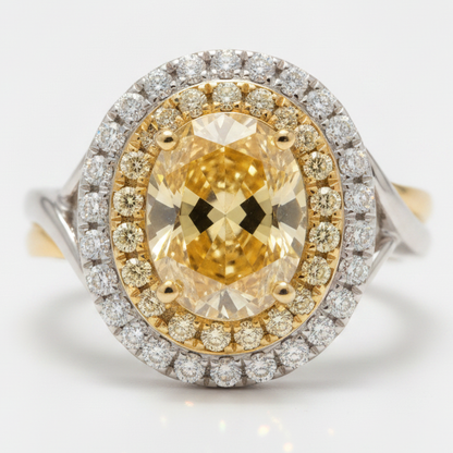 Fancy Intense Yellow Oval Double Halo Diamond Ring Natural 18K Gold