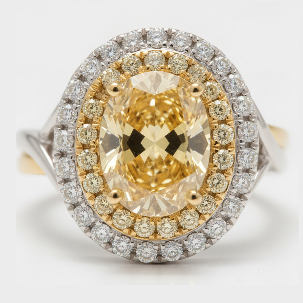 Fancy Intense Yellow Oval Double Halo Diamond Ring Natural 18K Gold
