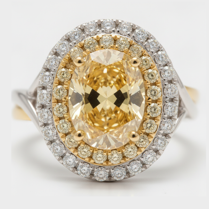 Fancy Intense Yellow Oval Double Halo Diamond Ring Natural 18K Gold