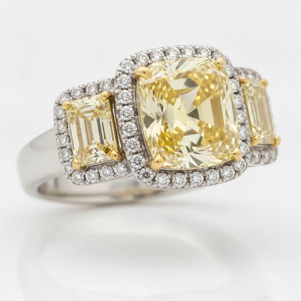Fancy Yellow Cushion Three Stone Trapezoid Halo Ring Natural Platinum 18K Yellow Gold