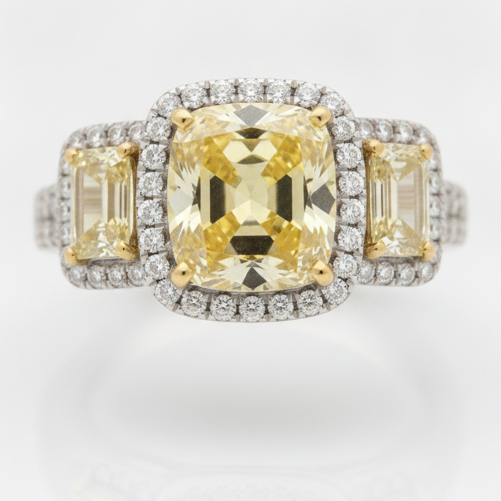 Fancy Yellow Cushion Three Stone Trapezoid Halo Ring Natural Platinum 18K Yellow Gold