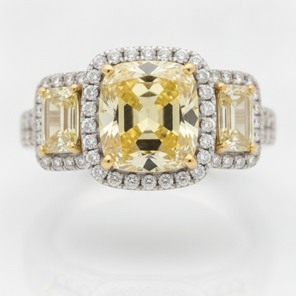 Fancy Yellow Cushion Three Stone Trapezoid Halo Ring Natural Platinum 18K Yellow Gold