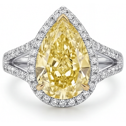 Authentic Fancy Yellow Diamond Halo Engagement Ring 3 ct Two-Tone 14K Gold – front view