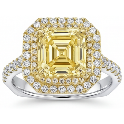 Fancy Yellow Diamond Asscher Cut Halo Setting Ring in 14 Karat Two Tone Gold – main view