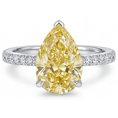 Pear Cut Fancy Yellow Diamond ring in 14K White Gold – side view