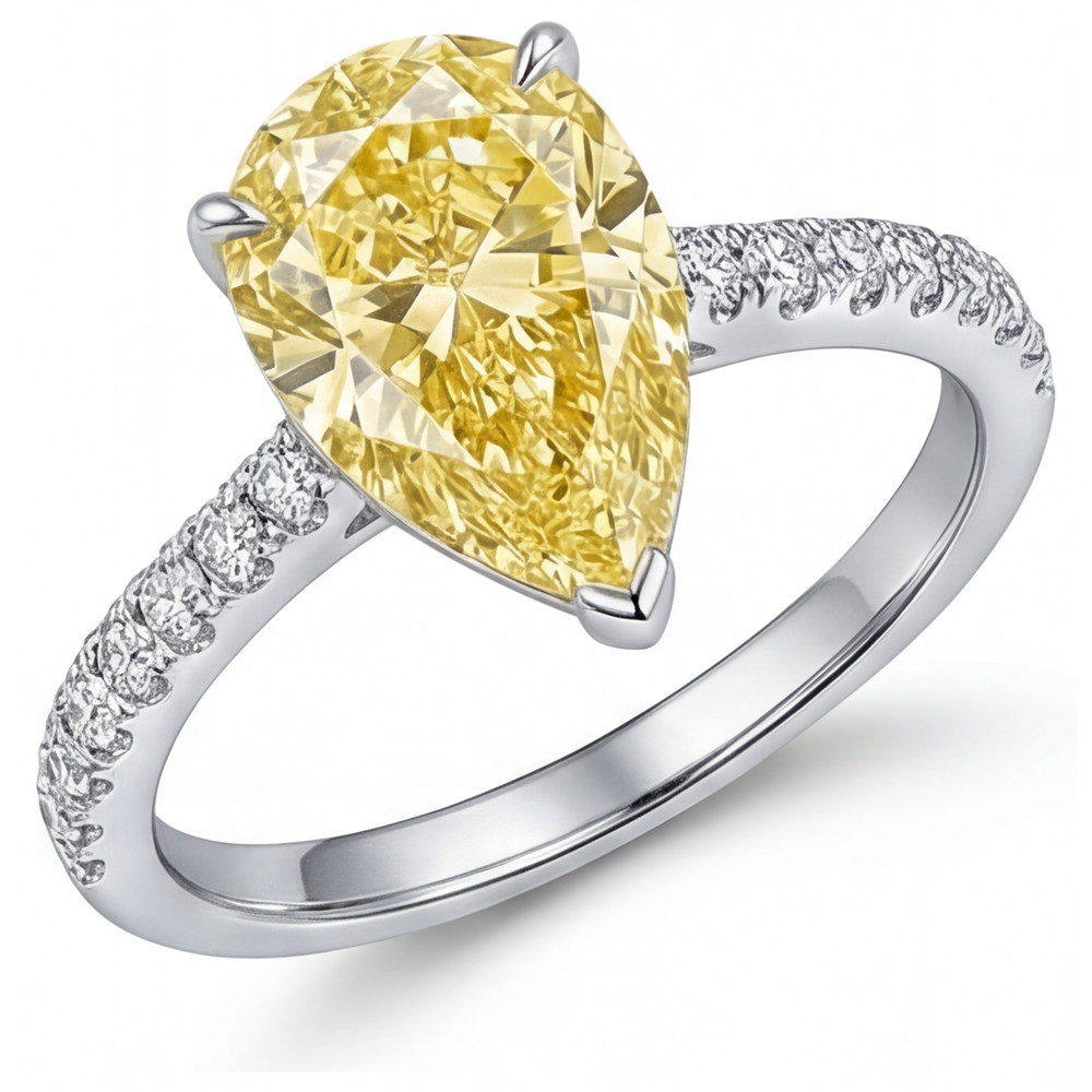 Fancy Yellow Diamond Pear Shape Statement Ring in Two-Tone 14K Gold – front view