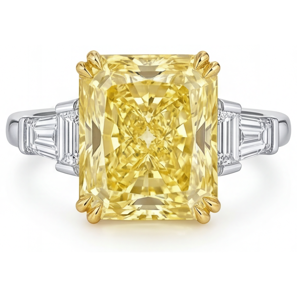 Fancy Yellow Diamond Radiant Three Stone Ring in 14 Karat Two Tone Gold – main view