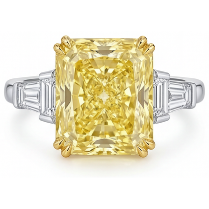 Fancy Yellow Diamond Radiant Three Stone Ring in 14 Karat Two Tone Gold – main view