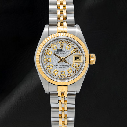 Rolex Datejust 69173 26mm White Mother of Pearl String Diamond Dial Two Tone Jubilee Bracelet Watch