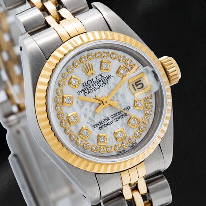 Rolex Datejust 69173 26mm White Mother of Pearl String Diamond Dial Two Tone Jubilee Bracelet Watch