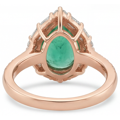 Pear Shape Fine Emerald ring in 14 Karat Rose Gold – top view