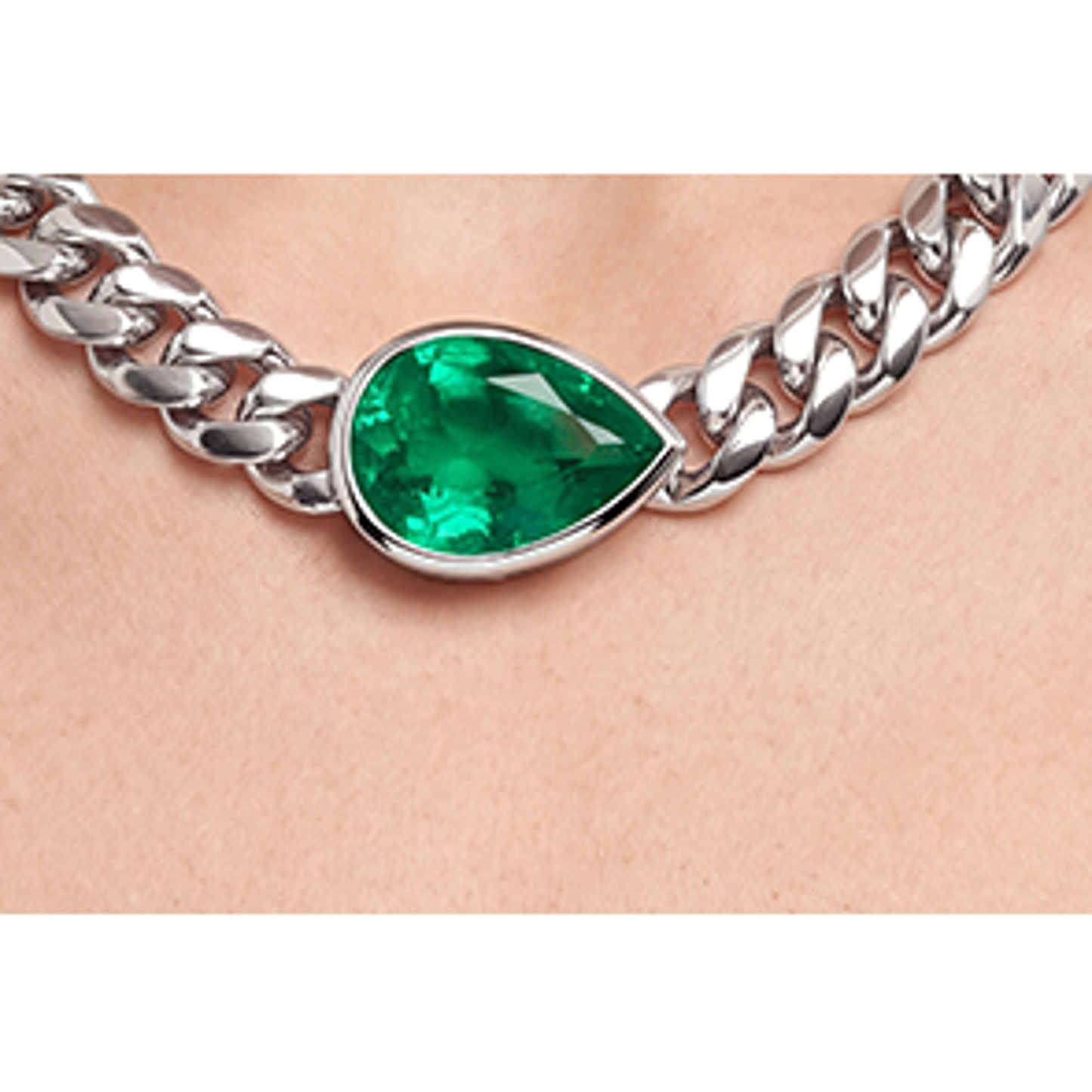 Green Emerald Cuban Chain Necklace 8 Carat Lab Grown IGI Certified Pear Bezel 16 Inch 14K White Gold