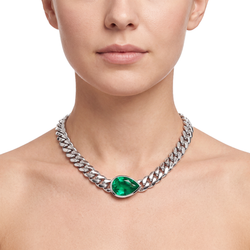 Green Emerald Cuban Chain Necklace 8 Carat Lab Grown IGI Certified Pear Bezel 16 Inch 14K White Gold