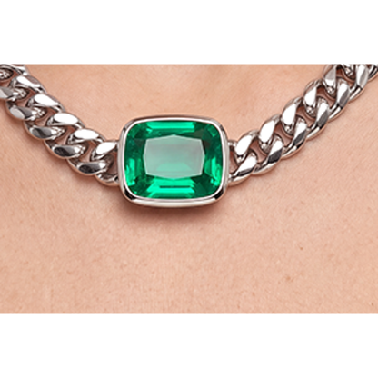 Green Emerald Cushion Cut Necklace 10 Carat Lab Grown IGI Certified Miami Cuban Chain 16 Inch 14K White Gold