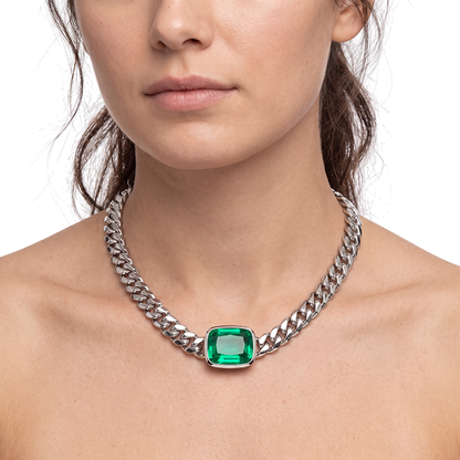 Green Emerald Cushion Cut Necklace 10 Carat Lab Grown IGI Certified Miami Cuban Chain 16 Inch 14K White Gold