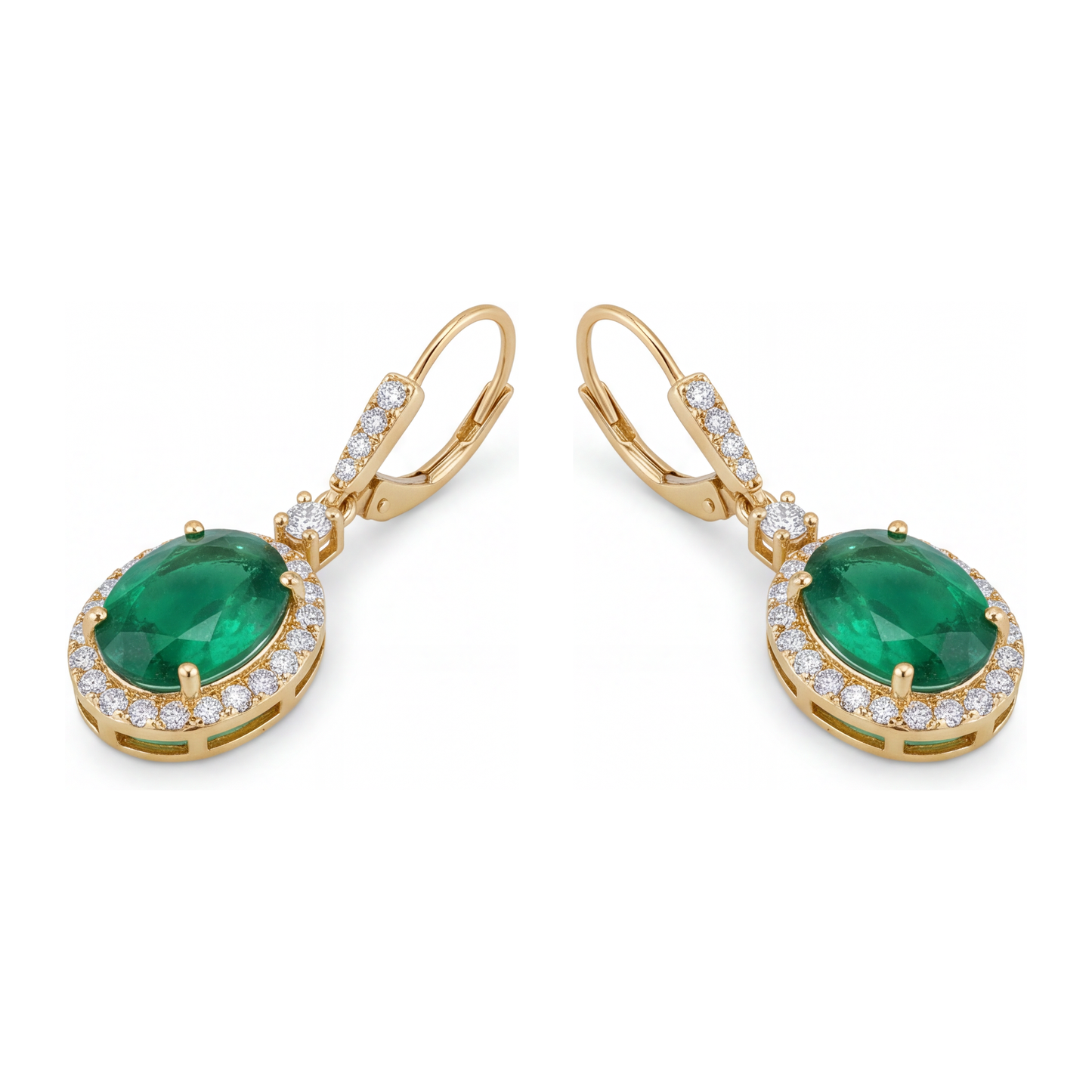 Green Emerald Earrings 3.5 Carat Lab Grown Oval Halo Leverback 14K Yellow Gold