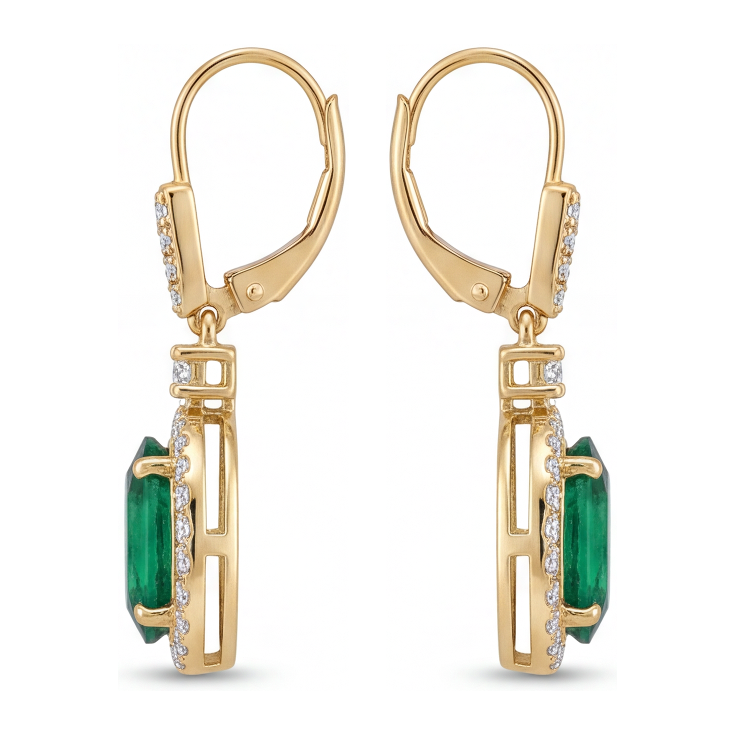 Green Emerald Earrings 3.5 Carat Lab Grown Oval Halo Leverback 14K Yellow Gold