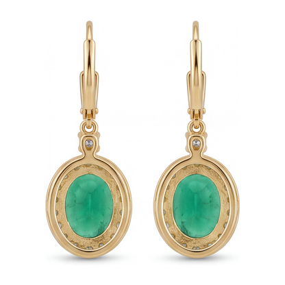 Green Emerald Earrings 3.5 Carat Lab Grown Oval Halo Leverback 14K Yellow Gold
