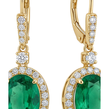 Green Emerald Earrings 3.5 Carat Lab Grown Oval Drop Leverback 14K Yellow Gold