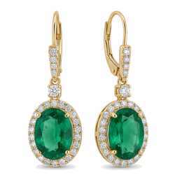 Green Emerald Earrings 3.5 Carat Lab Grown Oval Drop Leverback 14K Yellow Gold