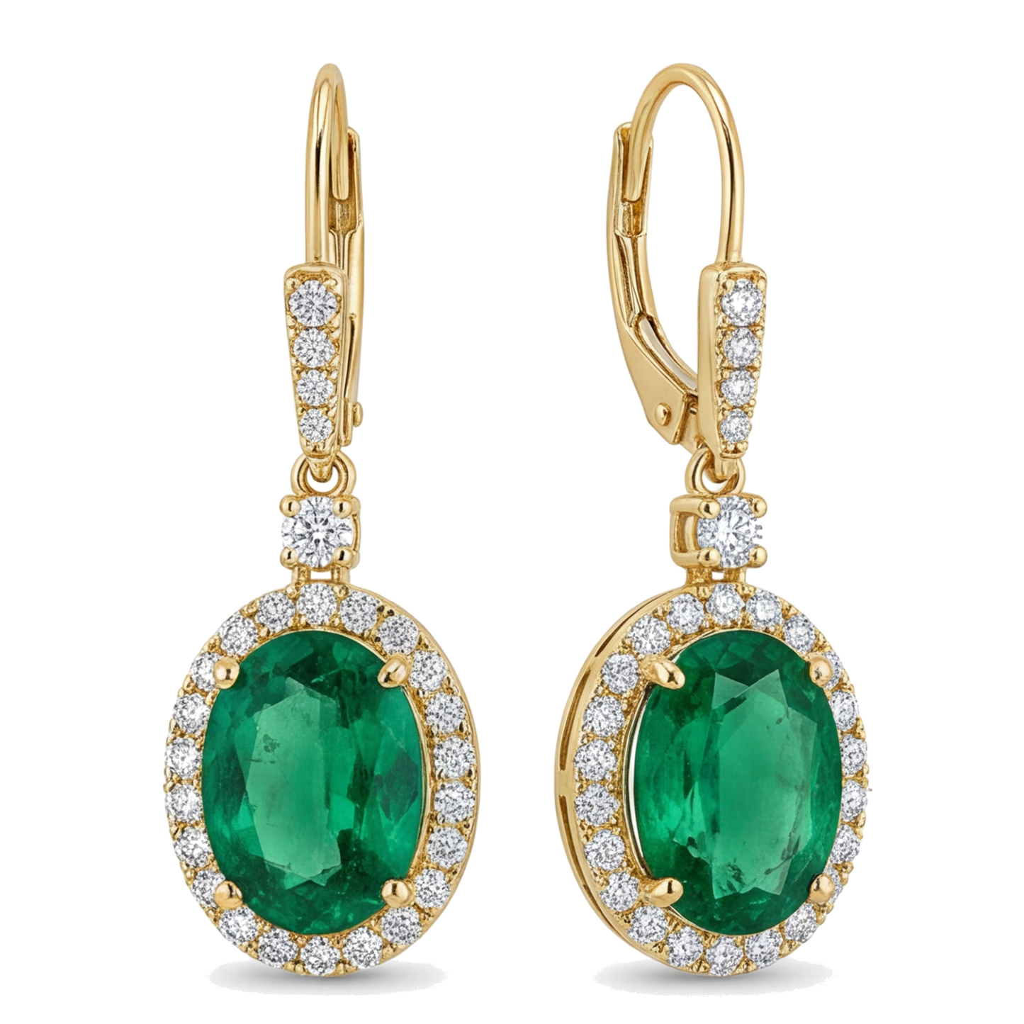 Green Emerald Earrings 3.5 Carat Lab Grown Oval Drop Leverback 14K Yellow Gold
