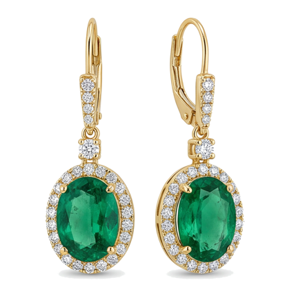 Green Emerald Earrings 3.5 Carat Lab Grown Oval Drop Leverback 14K Yellow Gold