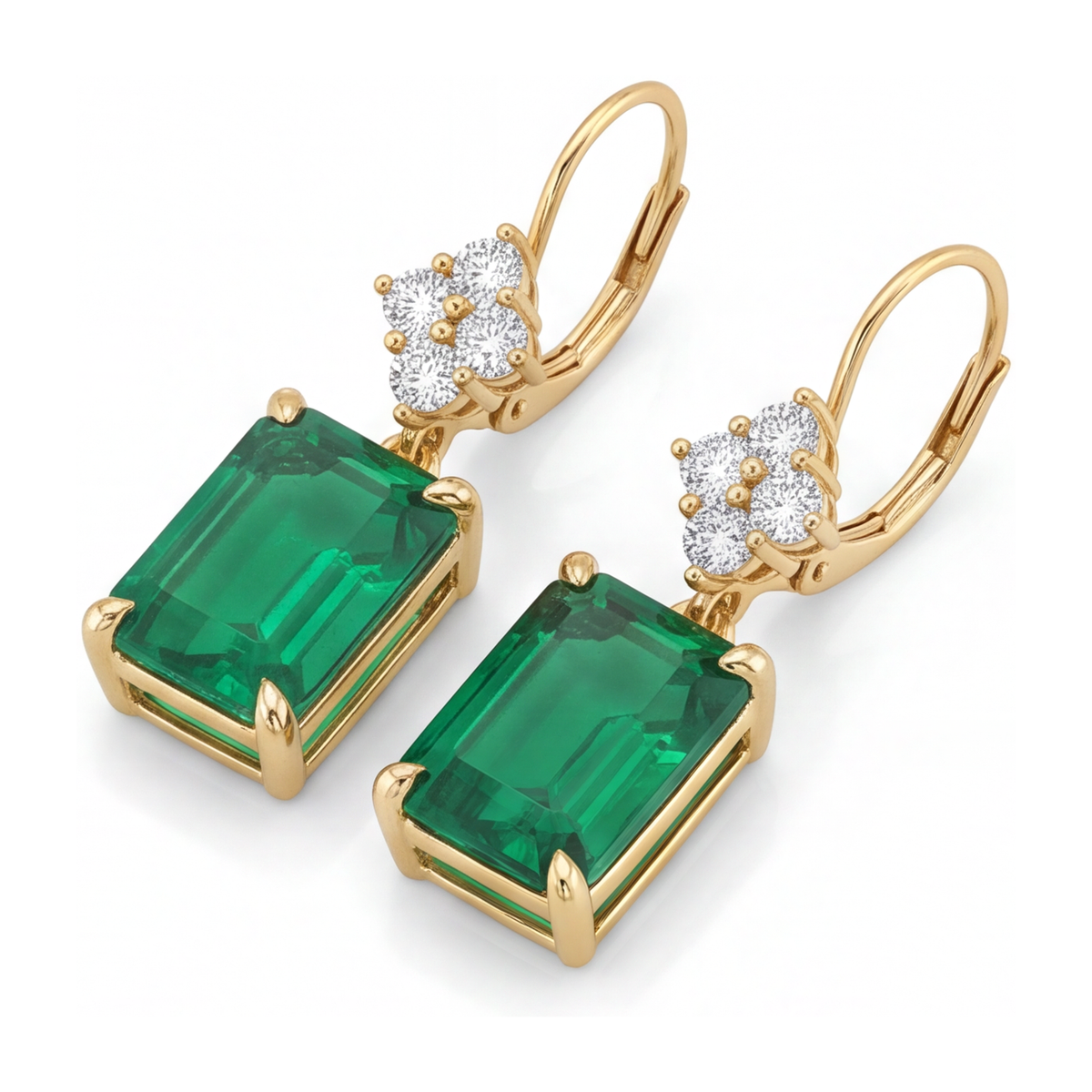 Green Emerald Earrings 4.5 Carat Lab Grown Emerald Cut Cluster Leverback 14K Yellow Gold