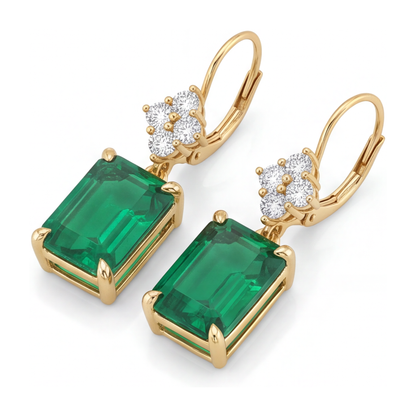 Green Emerald Earrings 4.5 Carat Lab Grown Emerald Cut Cluster Leverback 14K Yellow Gold