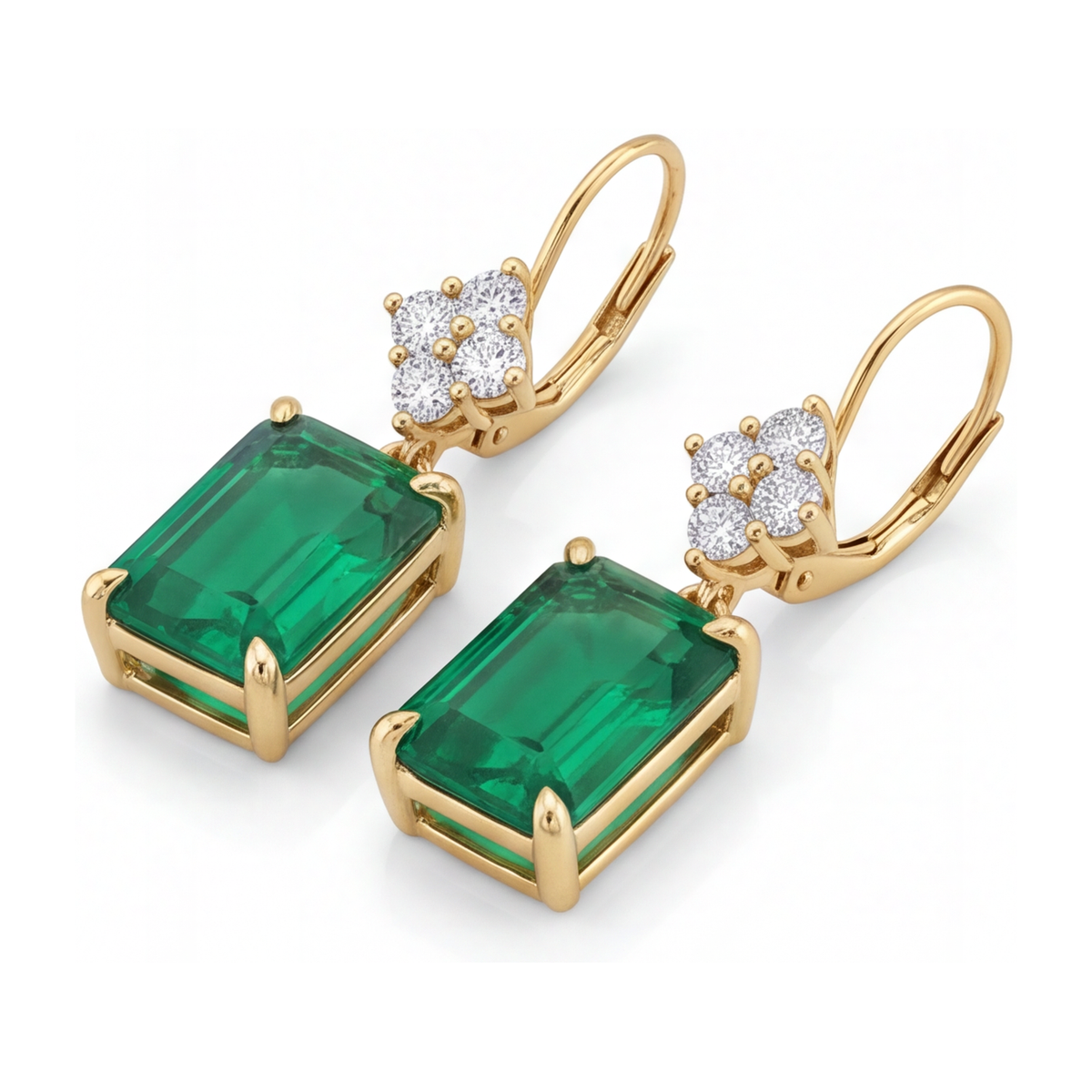Green Emerald Earrings 4.5 Carat Lab Grown Emerald Cut Cluster Leverback 14K Yellow Gold